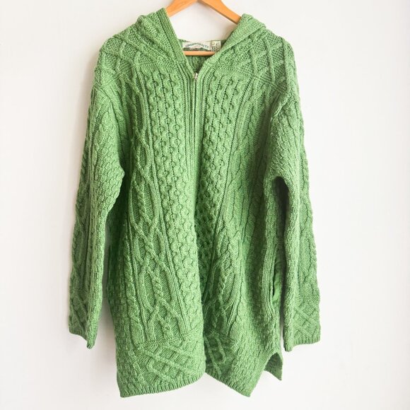 Aran Crafts Sweaters - Aran Crafts Green Chunky Cableknit Zip up Cardigan w Hood  100% Wool L